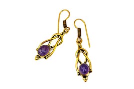 Amethyst Earrings, Gold Brass Dangle Earrings with Amethyst, Gift for Her - £14.94 GBP