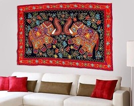 Vintage Cotton Hand Embroidered Red Elephant Wall Hanging Home Decor Tapestry - £27.30 GBP