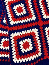 Vintage Hand Crocheted Granny Square Red White &amp; Blue 60x90 Afghan Blanket - £48.03 GBP