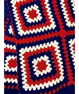 Vintage Hand Crocheted Granny Square Red White &amp; Blue 60x90 Afghan Blanket - £47.92 GBP