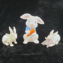 Easter Bunny Lot of 3 Ceramic Bunny w Carrot + 2 Pearlescent Resin Bunnies Vtg - £12.36 GBP