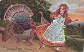 Thanksgiving Greetings Big Turkey Grab&#39;s Little Girl&#39;s Skirt 1908 Postcard D59 - £5.57 GBP