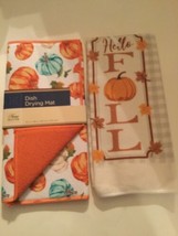 Winter kitchen 2 pc dish drying mat towel leaf pumpkin autumn Hello Fall... - $10.00