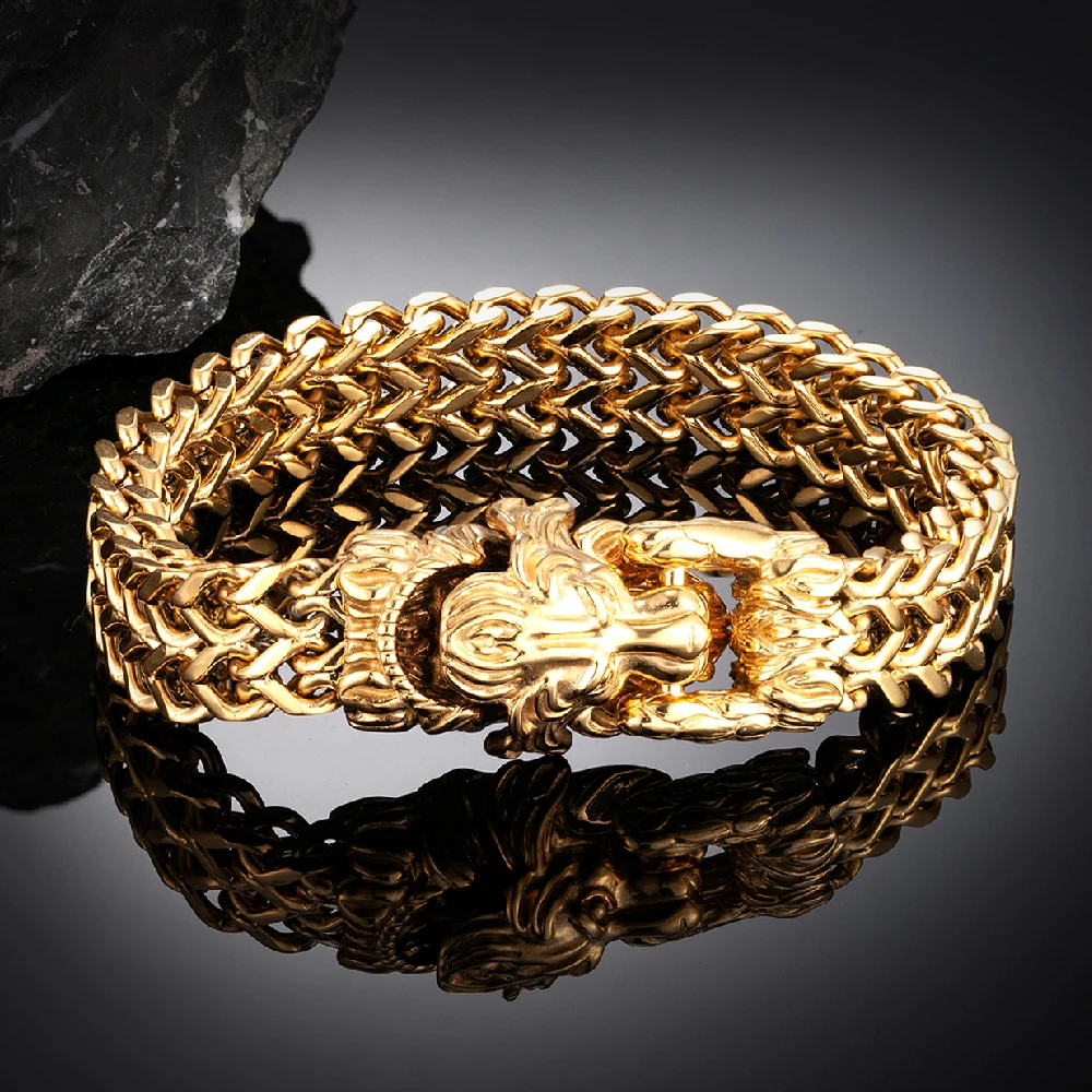 Vintage Lion Head Bracelets Men Antique Gold Stainless Steel Animal Bangles Mesh - £29.36 GBP