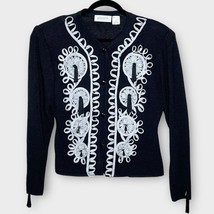 VINTAGE BLOOMINGDALE’S black/gray tassel &amp; appliqué ribbed cardigan size... - £26.18 GBP