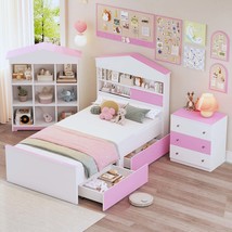 Twin House Bed Set w/Storage - Pink+White - $708.99