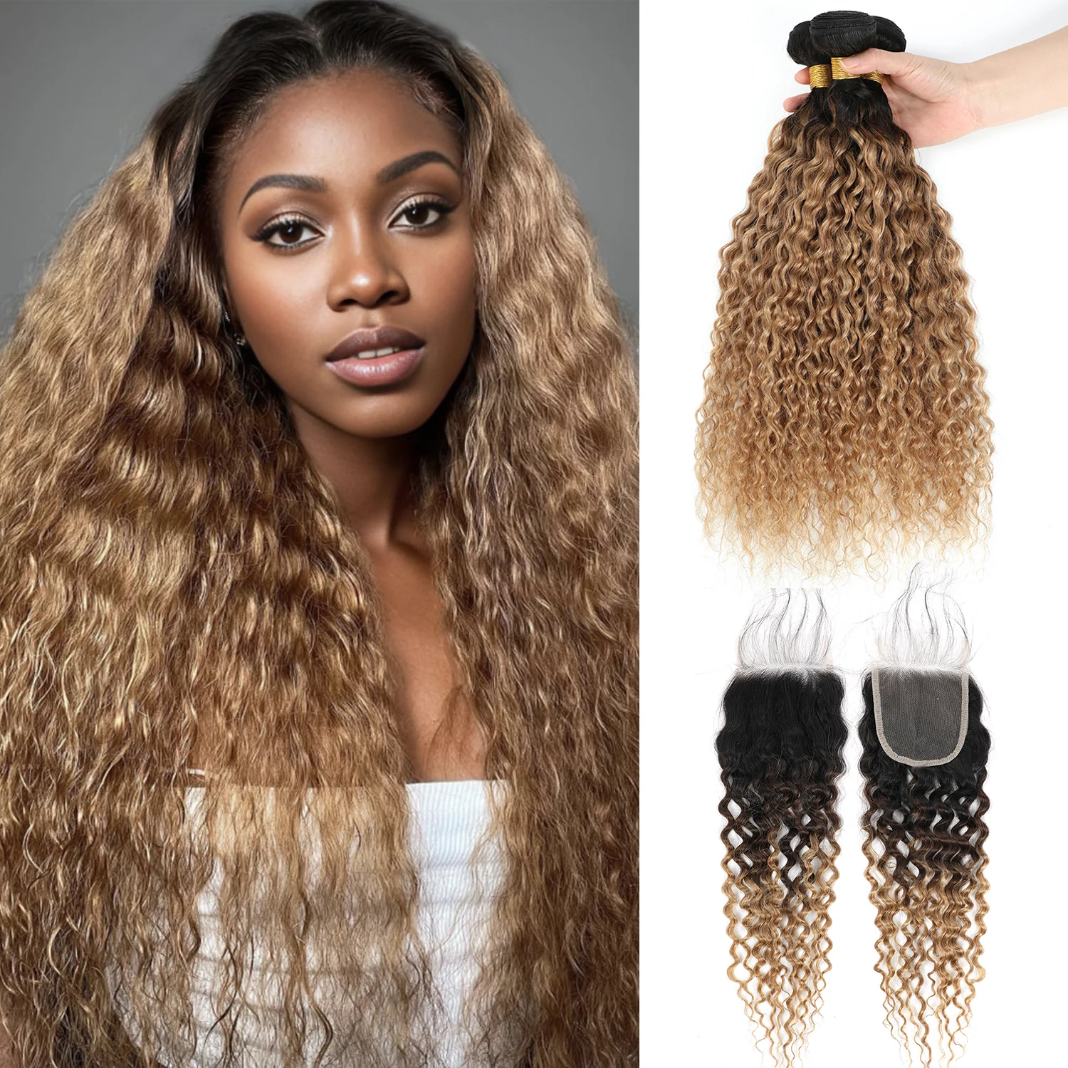 Curly Blonde Bundles Human Hair With Closure 1B/27 Ombre Human Hair Extensions - £113.65 GBP+