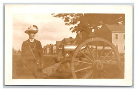 RPPC Woman Standing by Cannon Row Of Barracks UNP Postcard H18 - £6.65 GBP