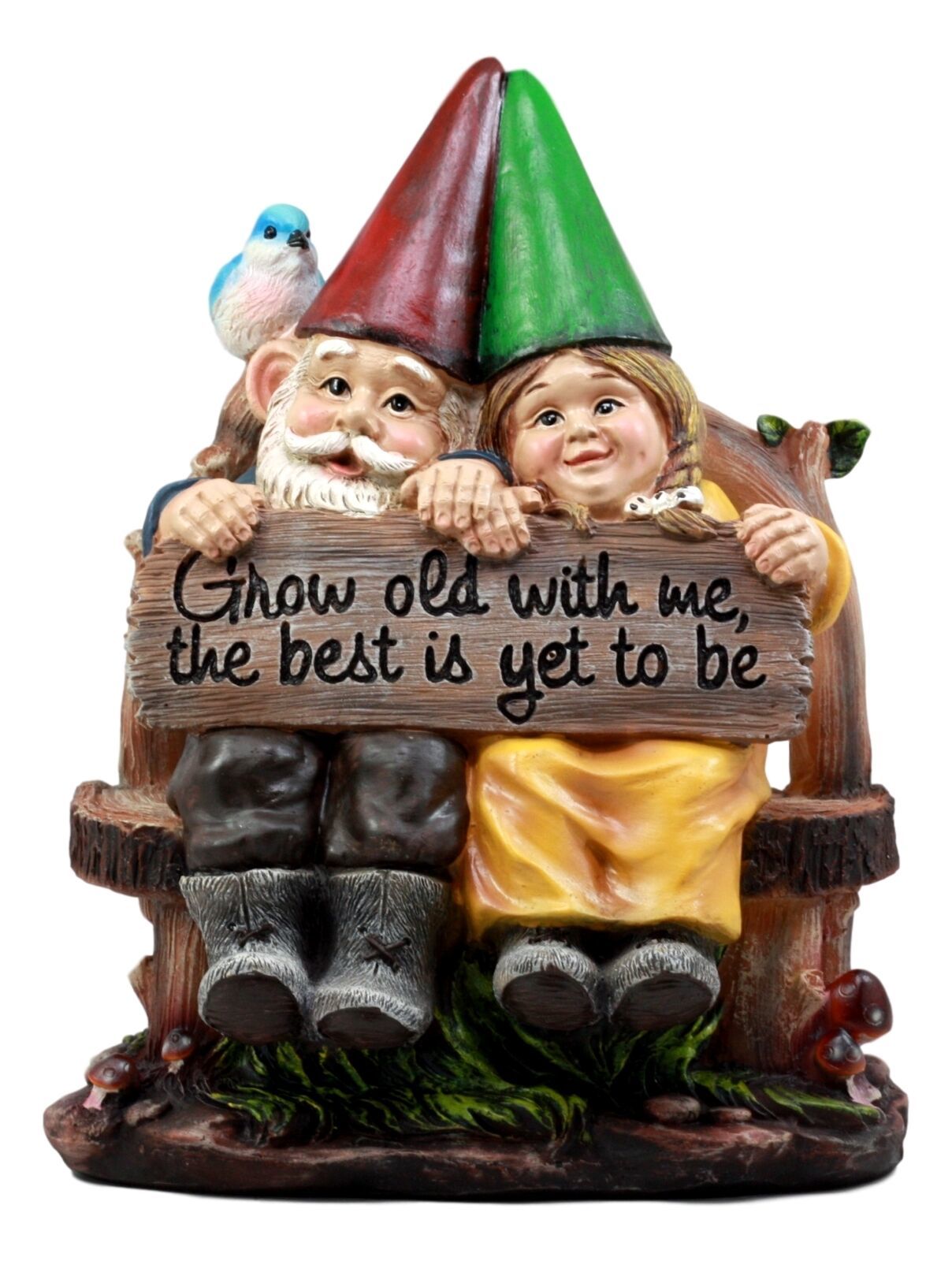 Grow Old With Me Whimsical Mr & Mrs Gnome Blue Bird Patio Statue Garden Greeter - $53.99