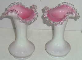 Fenton Ruffled Vase Pink White Peach Crest Glass Art 1940&#39;s Vases Lot of 2 - £127.56 GBP