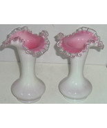 Fenton Ruffled Vase Pink White Peach Crest Glass Art 1940&#39;s Vases Lot of 2 - £125.82 GBP