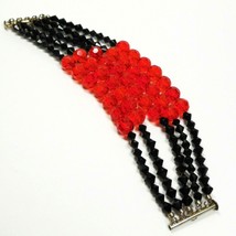 Bracelet Red Crystal and Black Glass Beads Vintage - Wide 5 Strands 6.75&quot; - $16.00