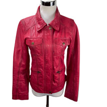 Public School Vintage Red Leather Moto Jacket Size S Pockets Zippers Lined - £238.93 GBP