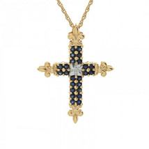 0.50 Ct. Tw. Sapphire with Diamond Cross Pendant 14K Yellow Gold Necklace - £450.28 GBP