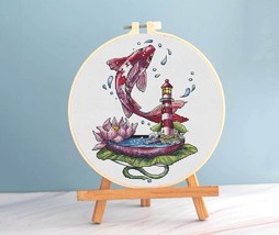Koi Fish cross stitch water lily pattern pdf - Carp Embroidery Japanese chart - £7.66 GBP