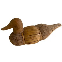Handmade Duck Decoy Folk Art Carved Wood Bamboo Reed Husks 16&quot; x 7.5&quot;&#39;&#39; - $23.38