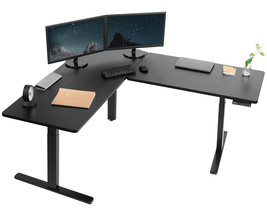 VIVO Electric Stand Up Corner Desk Workstation | Black Table Tops, Black Frame - £902.83 GBP