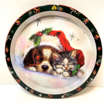 Vintage 90s Giftco Puppy and Kitten Christmas Tin Serving Tray Round 12 ... - $15.57