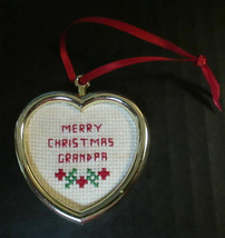 Vtg Merry Christmas GRANDPA Hand Stitched Framed Heart Tree Ornament Great Gift! - $12.00