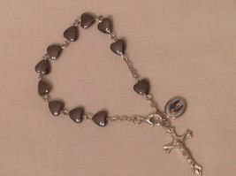 Our Lady of Mercy BRACELET - Heart Shaped hematite beads and Cross - NEW - $4.60
