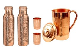 Copper Water Jug Pitchers With 2 Hammered Copper Water Bottle 2 Drinking... - $59.50