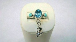 Sterling Navajo Running Bear Ring Blue Topaz w/ Turquoise Accents &amp; Silver Charm - £39.54 GBP