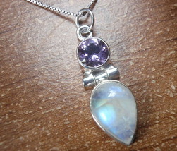 Faceted Amethyst and Moonstone 2-Gem 925 Sterling Silver Necklace r6185 - £18.29 GBP