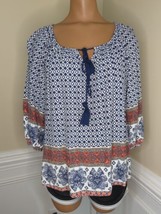 Crescent White blue orange geometric paisley medallion top blouse Small ... - $20.78