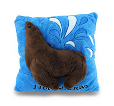 I Love Sea Lions Soft Blue and Brown Fuzzy 2D Decorative Throw Pillow 14in. - £15.96 GBP