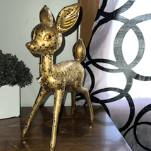 Vintage Gold Glitter Hard Plastic Reindeer Deer With Bell Christmas MCM 9&quot; - £19.41 GBP