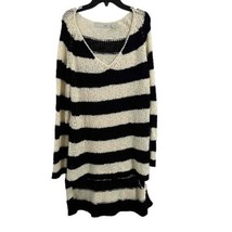 Kersh Black White Striped Open Knit V Neck Hi Low Hem Lightweight Sweater XL - £20.98 GBP