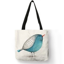 Cute Little Bird Print Linen Tote Bag Women Fabric Handbags Folding Reusable Sho - £13.22 GBP
