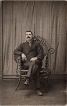 RPPC Middle Aged Man Huge Mustache Ornate Wicker Chair Postcard B29 - £10.34 GBP