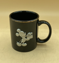 The Walt Disney Studios Black Coffee Mug Gold Trim Pewter Mickey Mouse 3D Emblem - $8.90