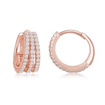 Sterling Silver Triple Row CZ Small Hoop Earrings - Rose Gold Plated - £30.80 GBP