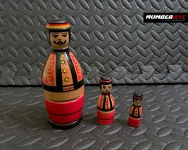 Russian Nesting Dolls 3 German Handpainted Red Yellow Black Mustache Hat Design - £15.81 GBP