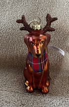 Sitting Golden Retriever Dog with Reindeer Antlers Glass Christmas Ornament New - £17.57 GBP