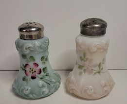 Pair of Antique Fostoria Glass Salt &amp; Pepper Shakers Handpainted - £47.31 GBP