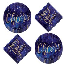 HOME &amp; HOOPLA New Year&#39;s Eve Party Midnight Blue &amp; Gold Cheers Paper Dessert Pla - £13.34 GBP