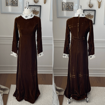 Vintage 70s Brown Velvet Maxi Dress Lace Collar Cuff XS - $870.48 MXN