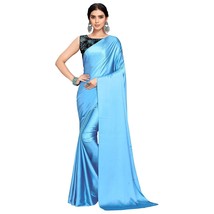 Women&#39;s Saree Banarasi  Plain Satin Saree With Blouse Piece Sky Blue  - £23.75 GBP