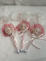 3 Vintage Lollipop Doll FACE/MASK Christmas Ornaments Hanging Feathers Pink - $20.78