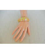 Fun vintage totally 80&#39;s lime green &amp; neon pink striped wooden bangle br... - $16.34 CAD