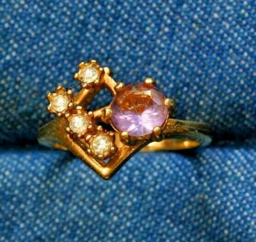Primary image for CA Vintage Mid Century Modern Violet & Crystal Rhinestone Gold-tone Ring size 6
