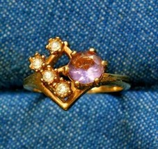 CA Vintage Mid Century Modern Violet &amp; Crystal Rhinestone Gold-tone Ring... - £10.31 GBP