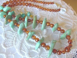 (PB-428) Amber Orange Poland Turquoise Earrings Necklace Set Wow - £81.43 GBP