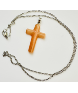 Cats Eye Stone Cross Stainless Steel Necklace Carved Peach Orange Faith ... - $12.75