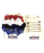 Scunci Patriotic Bandana Hair Scrunchies Gemstone Bobby Pins Red White B... - $13.67 CAD