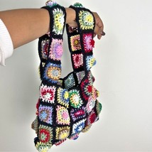 Crochet Granny Square Shoulder Tote Bag Black Handmade Bohemian - $33.74