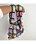 Crochet Granny Square Shoulder Tote Bag Black Handmade Bohemian - €29,71 EUR